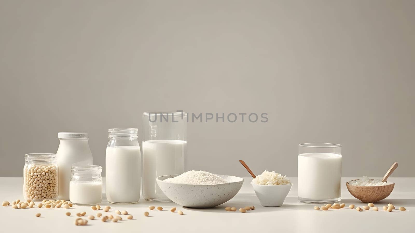 Various milk types and ingredients arranged on a neutral background.