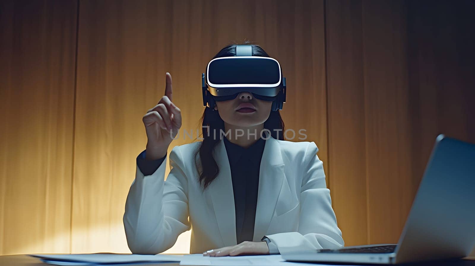 Woman in VR headset demonstrating technology in a professional setting.