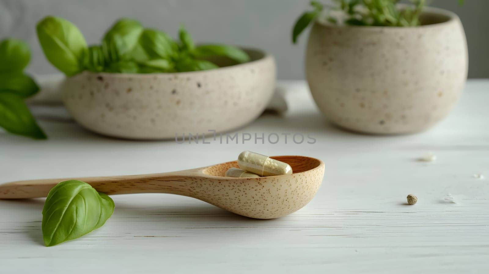 Wooden spoon with capsules and fresh herbs in a serene setting.