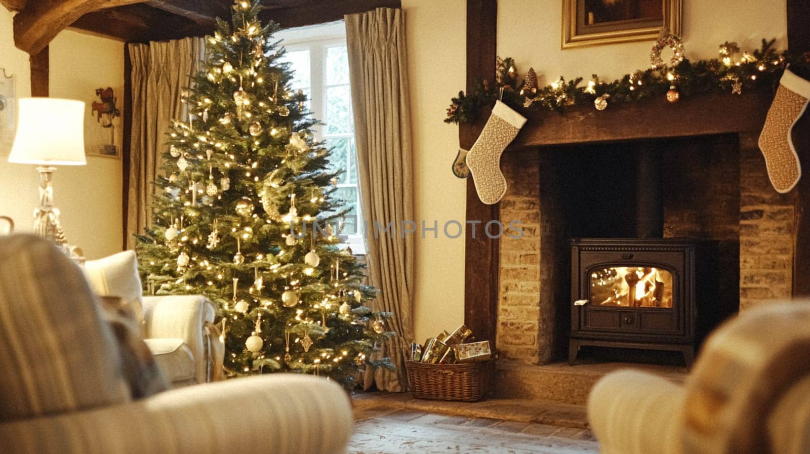 Christmas, holiday decor and country cottage style, cosy atmosphere, decorated Christmas tree in the English countryside house living room with fireplace, interior decoration idea