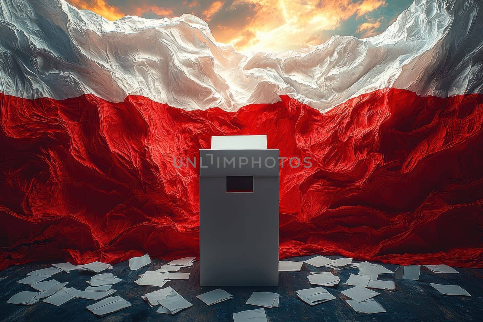 A voting box in front of a striking Polish flag powerfully symbolizes the very essence of democracy itself