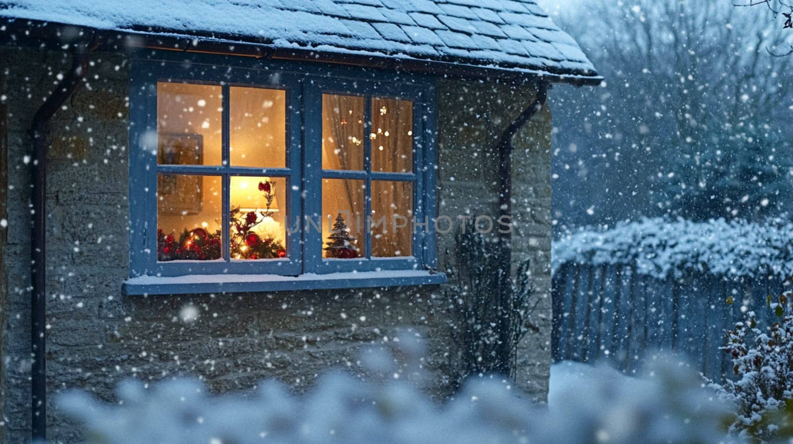Christmas in the countryside, cottage decorated for holidays on a snowy winter evening with snow and holiday lights, English country styling inspiration
