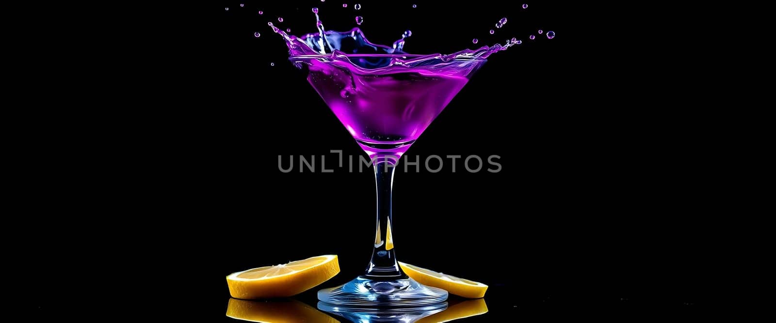 A vivid purple cocktail dramatically splashes within its elegant glass, set against a stark black backdrop. Beside it, a pair of orange slices add a contrasting pop of color, creating a moody yet vibrant scene.