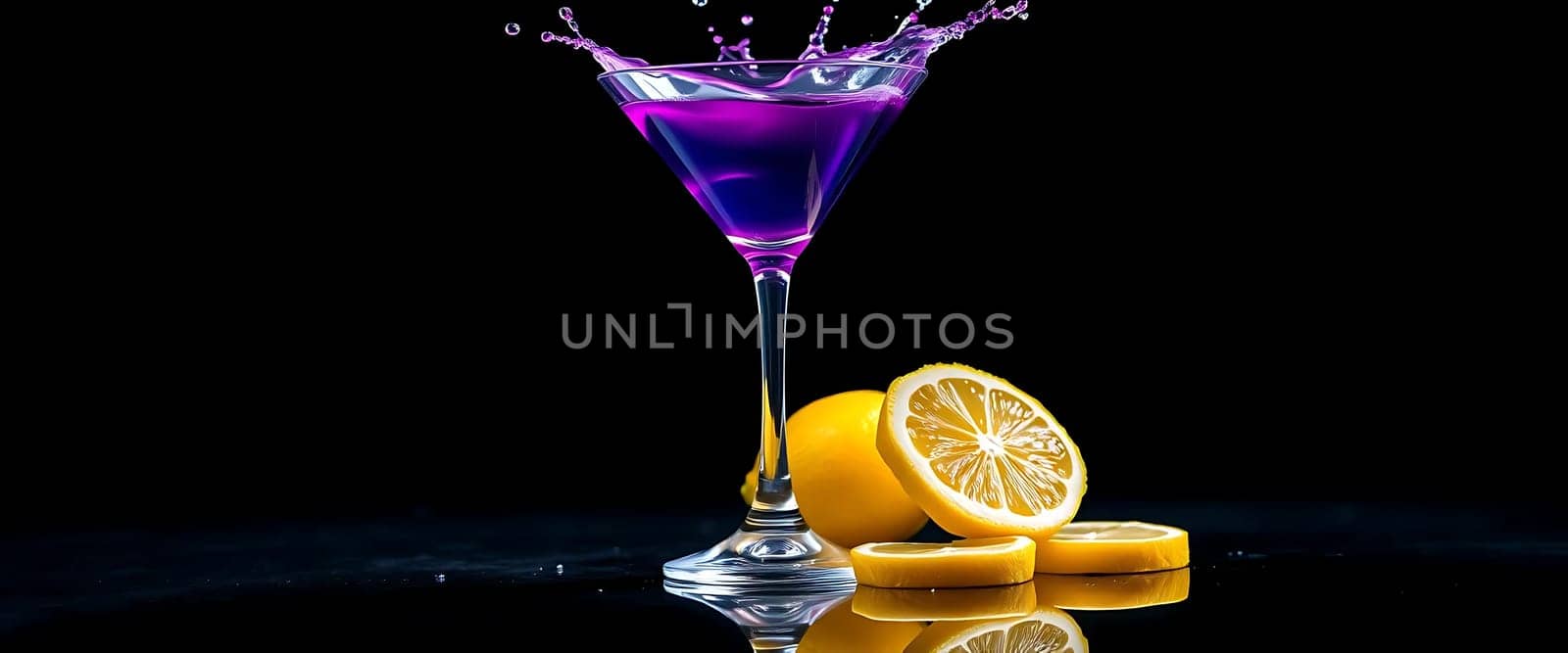 A vibrant purple cocktail splashes energetically from a martini glass, set against a sleek black backdrop. Accompanied by a neatly sliced lemon, the scene evokes a lively, sophisticated vibe.