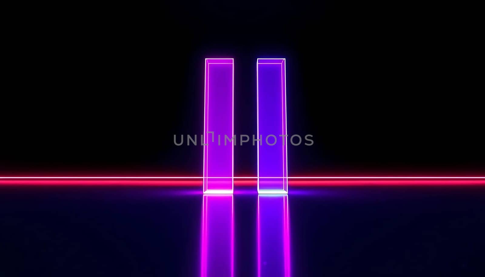 Two luminescent pillars, one pink and one purple, stand side by side in a dark, neon-lit setting. The mood is futuristic and vibrant, with reflections shimmering on the ground.