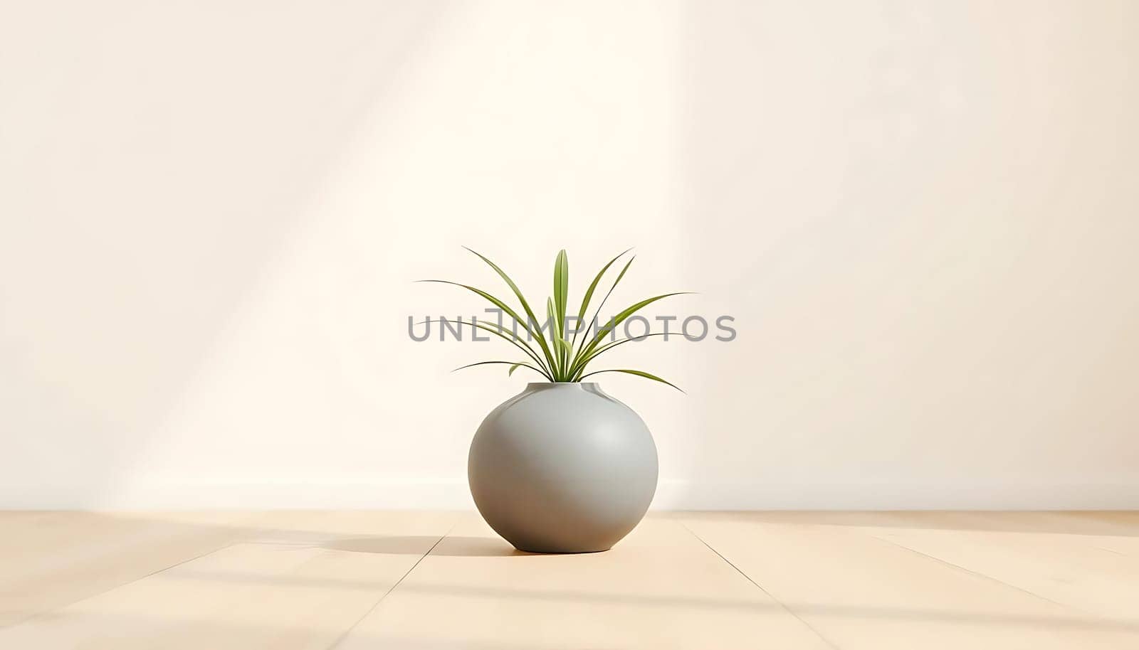 A solitary spider plant nestles in a round, gray vase, casting a gentle shadow on the wooden floor. The minimalist setting exudes tranquility, emphasized by the soft, natural light from a window. The scene is simple yet calming, offering a peaceful indoor moment.