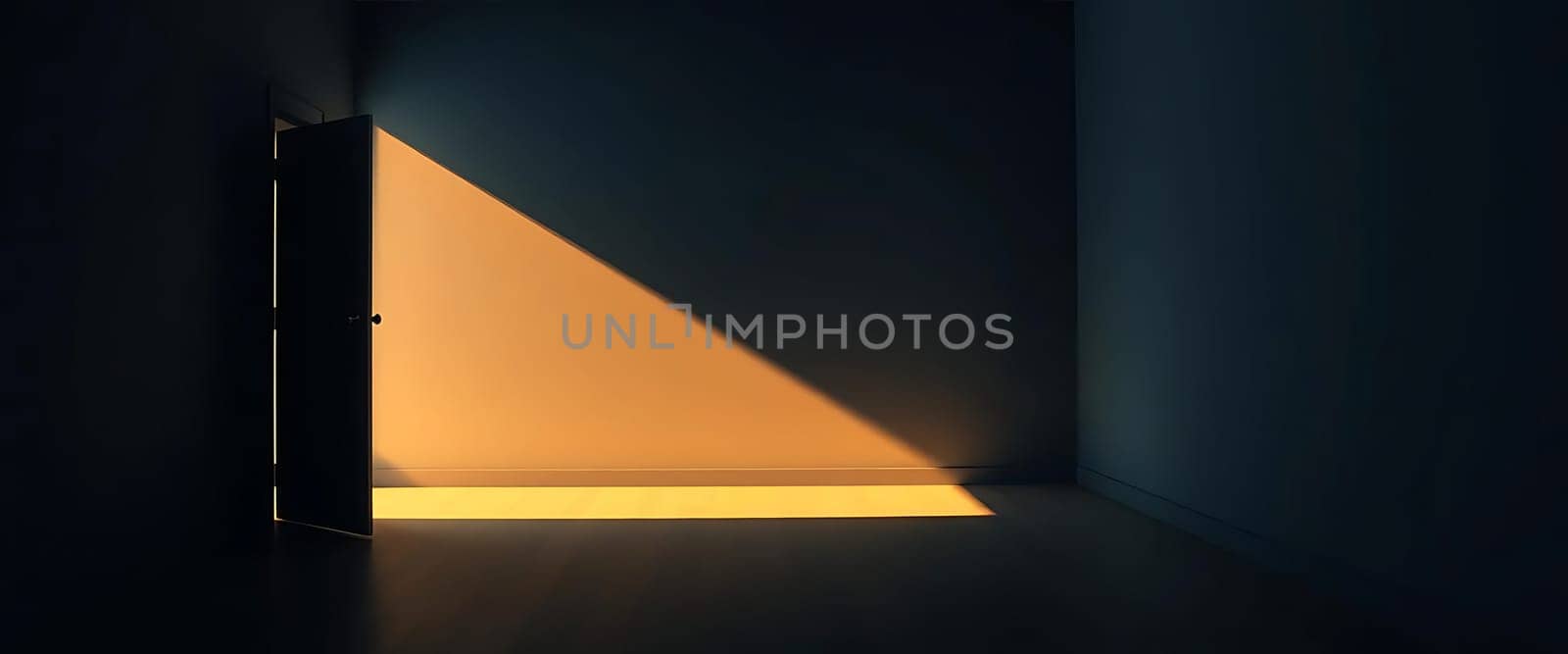A sliver of light pierces through a slightly ajar door in a dark room, casting a warm, triangular glow onto the floor, creating a sense of mystery and hope.