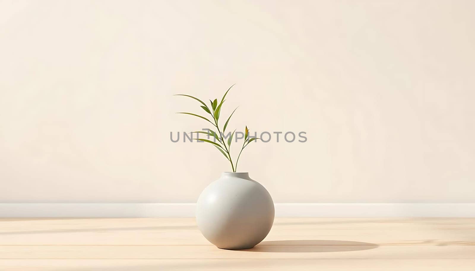 A solitary white vase holding a single green stem sits on a light wooden surface, casting subtle shadows. The minimalist design evokes a serene, calming mood against a soft beige backdrop.