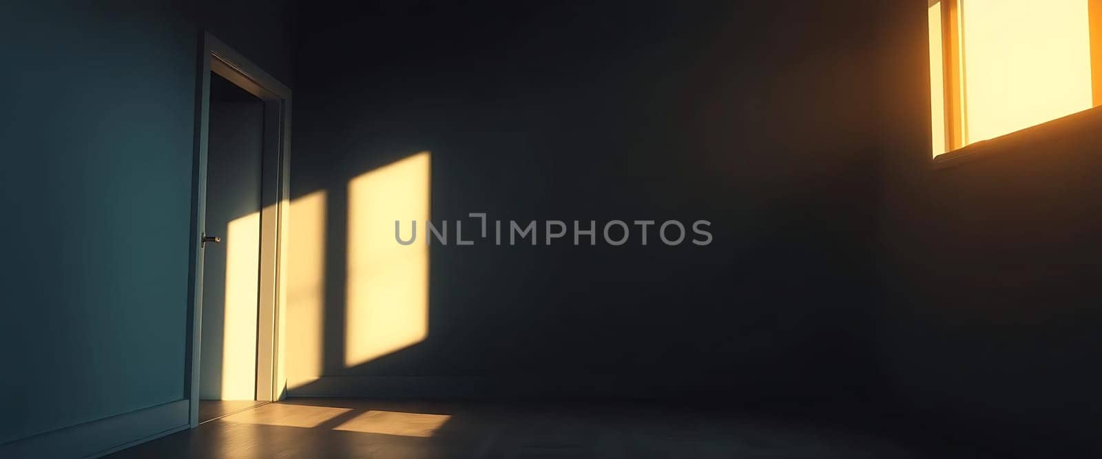 A solitary door stands ajar in a dimly lit room, inviting golden sunlight to stream in, casting stark, elongated shadows. The tranquil contrast of light and dark evokes a sense of calm and mystery. The hardwood floor reflects the soft glow, enhancing the serene ambiance.