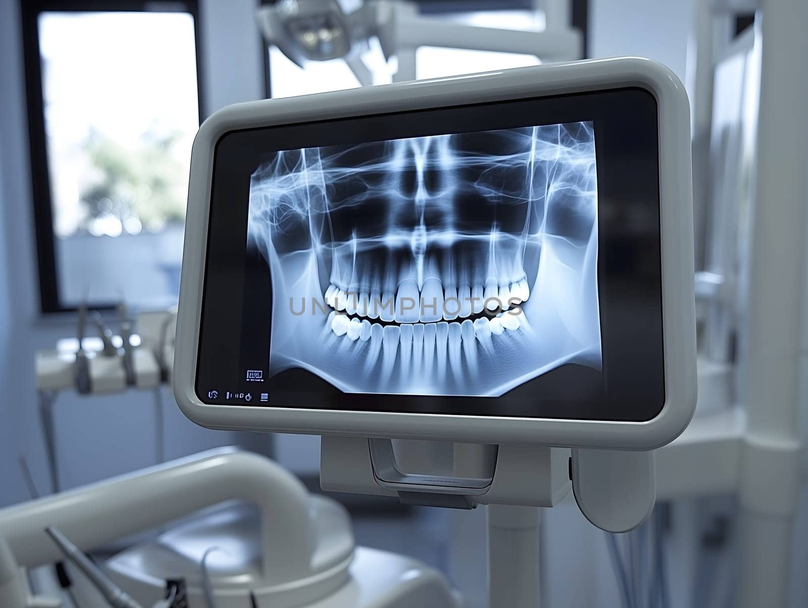 A close-up of a digital dental X-ray on a monitor in a modern dental clinic. The high-tech equipment emphasizes precision, advanced care, and the importance of oral health diagnostics.