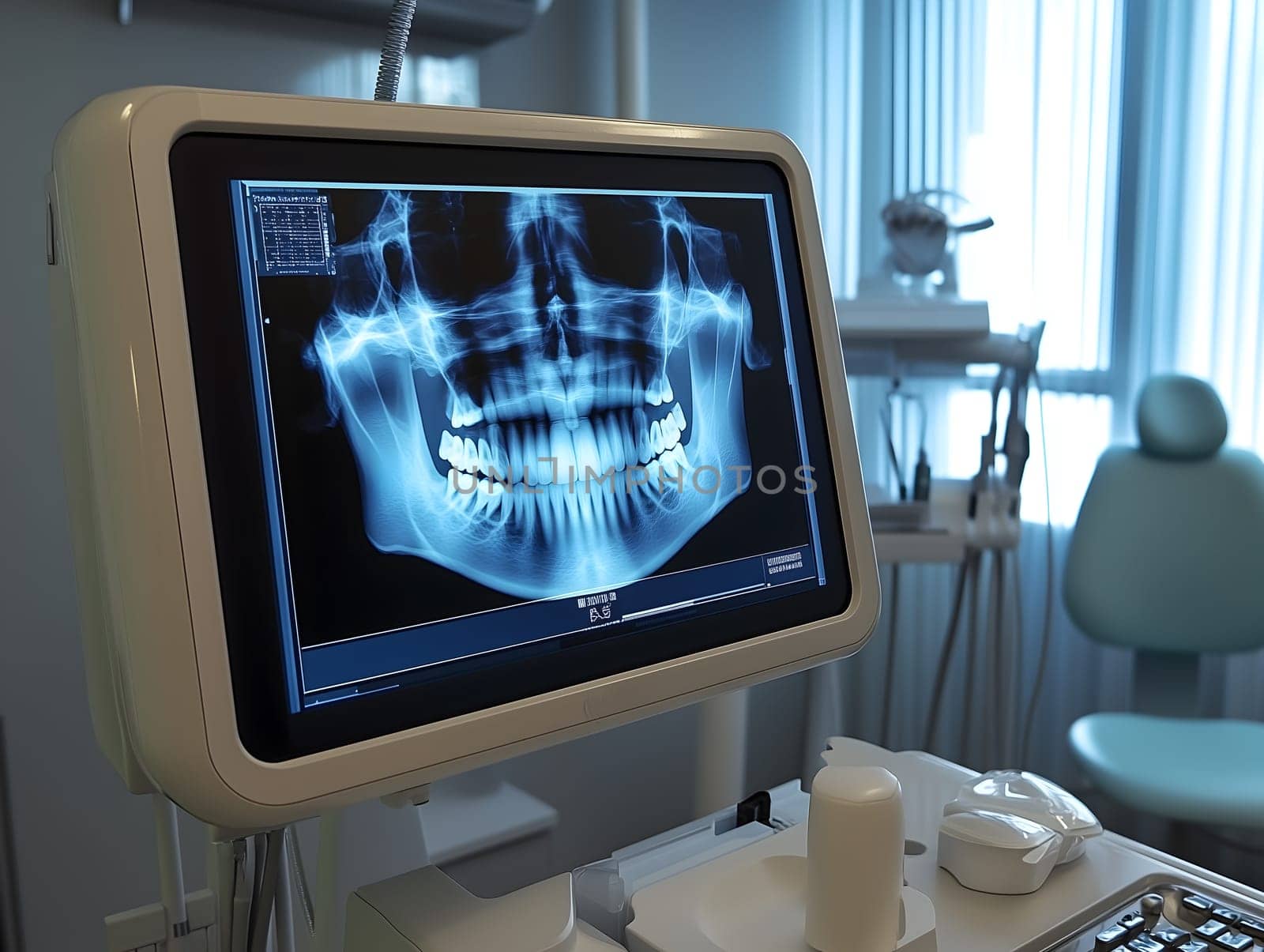 A close-up of a digital dental X-ray on a monitor in a modern dental clinic. The high-tech equipment emphasizes precision, advanced care, and the importance of oral health diagnostics.