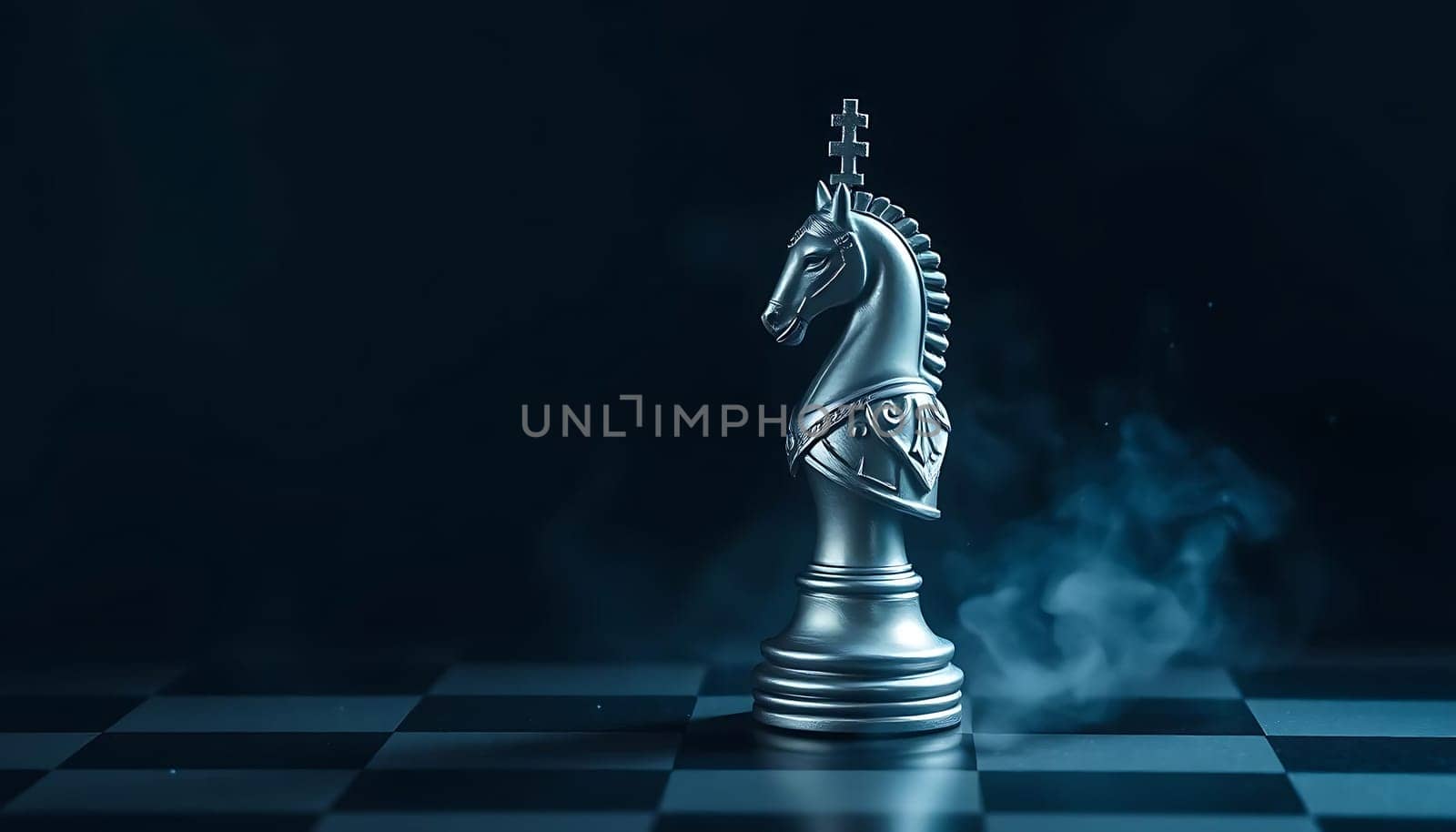 A solitary metallic knight stands proudly on a checkered board, bathed in a mysterious blue mist. The mood is intense, evoking strategy and focus, highlighted by the detailed craftsmanship of the knight and the eerie, dark background.