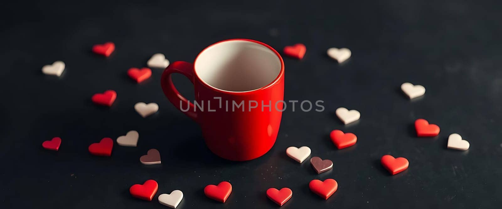 A vibrant red mug stands alone amidst scattered red, white, and dark hearts on a moody, dark backdrop, evoking a sense of love and solitude. The hearts, varying in color and hue, seem to dance around the mug, creating a romantic yet melancholic atmosphere. The stark contrast between the bright mug and the dark setting emphasizes the mug's central role, making it a focal point of warmth and affection.