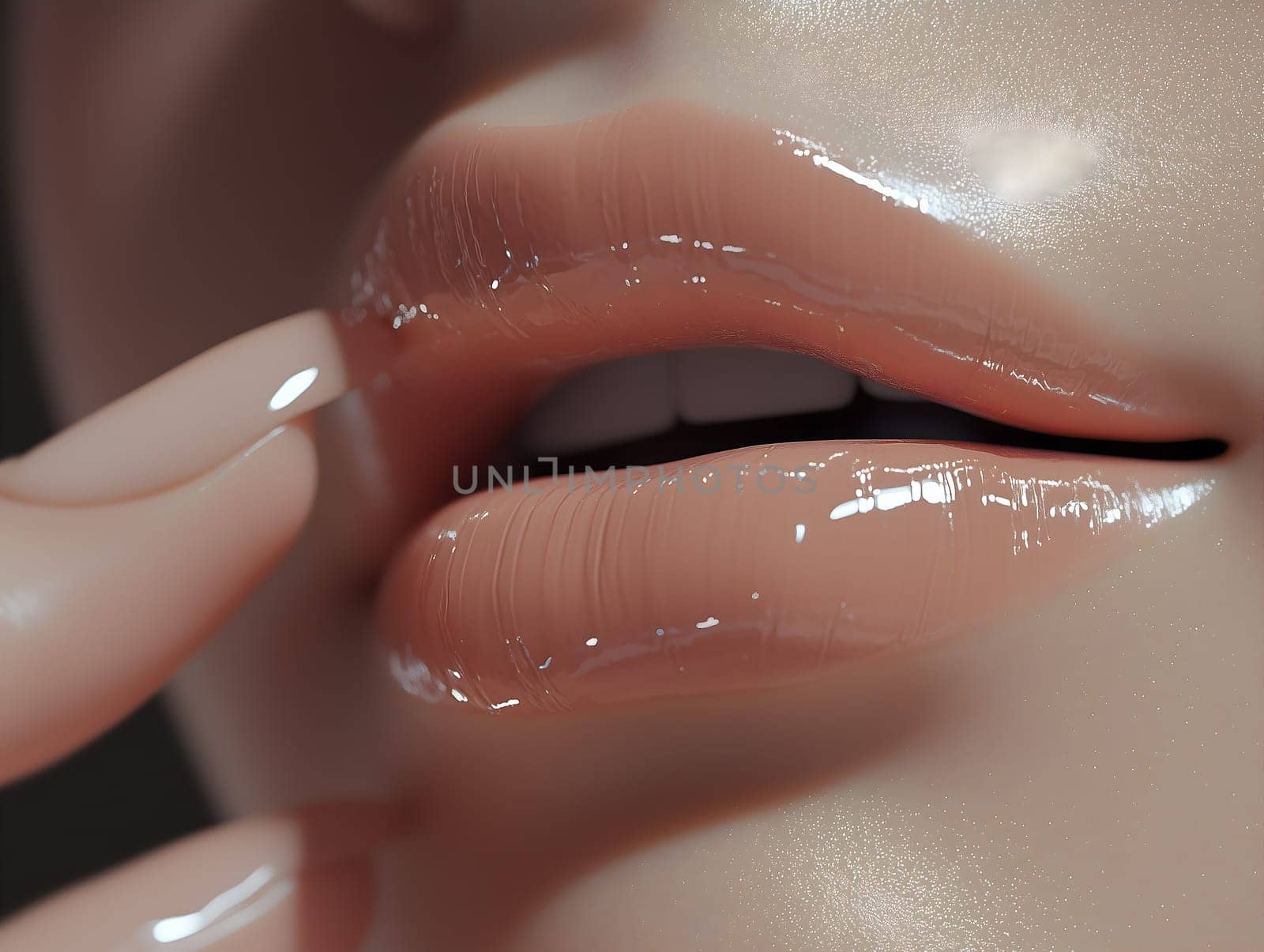 An artistic close-up of glossy lips adorned with a natural nude lipstick. The soft lighting highlights the smooth texture, gloss, and elegance, evoking beauty, femininity, and sensuality.
