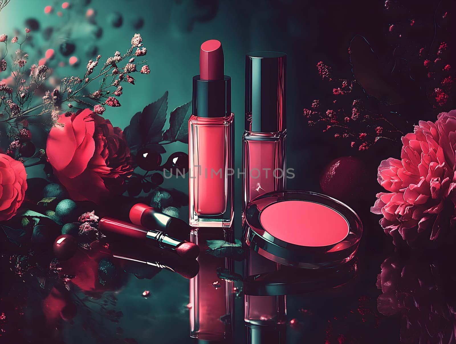 A glamorous arrangement of makeup products, including lipsticks, blush, and perfume bottles, surrounded by vibrant flowers. The dark, moody lighting enhances the luxurious and feminine aesthetic.
