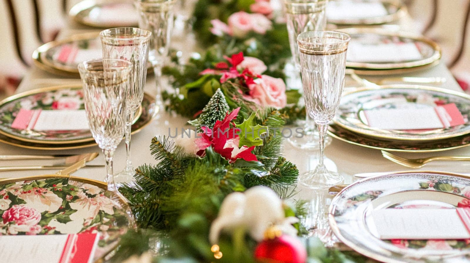 Christmas tablescape decoration, formal family dinner holiday celebration, luxury table setting decor, English country and home style idea