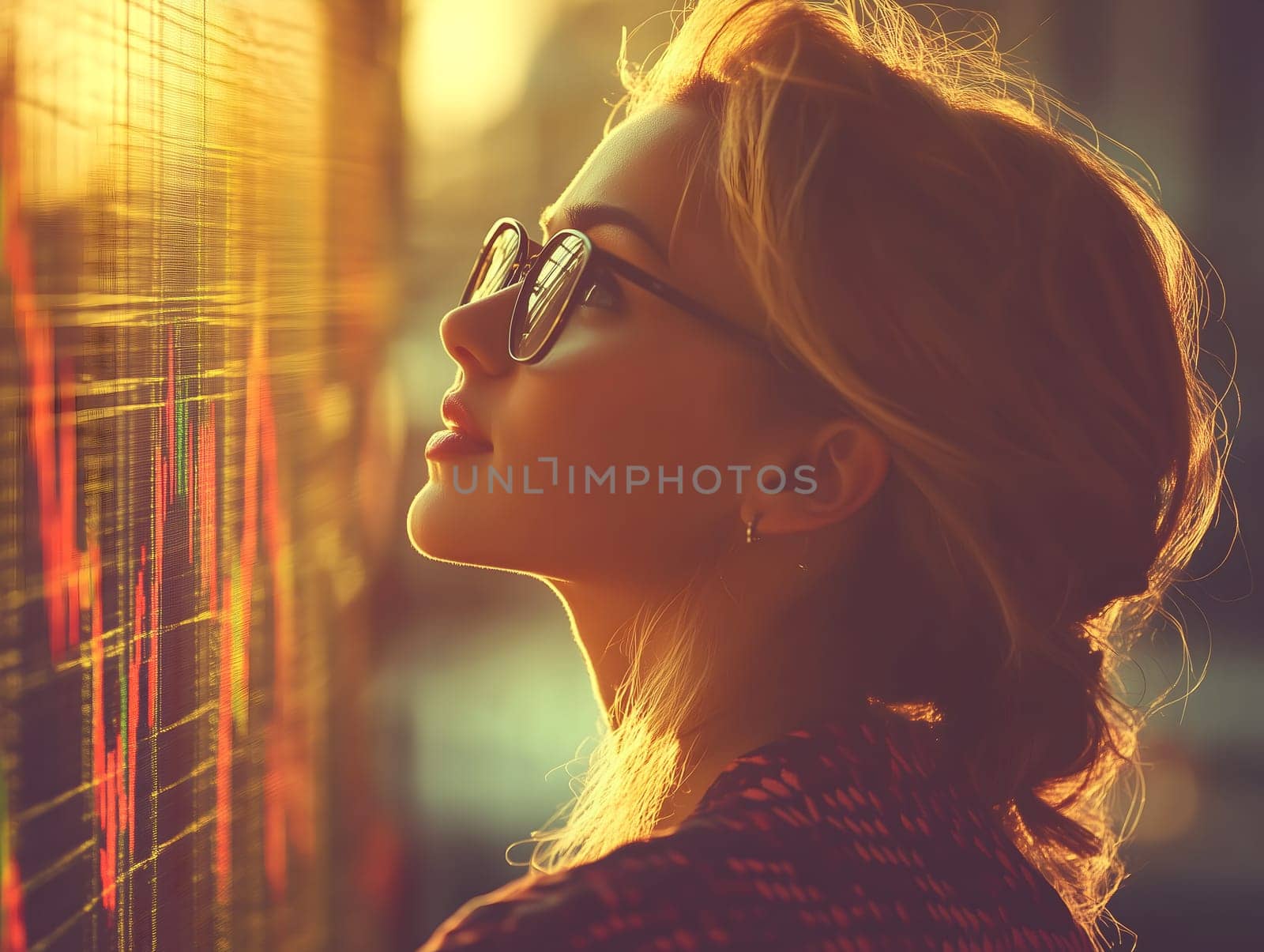 A contemplative woman wearing glasses observes a glowing data chart in warm sunset light. Her focused expression and soft lighting create a modern, intellectual, and inspirational atmosphere.