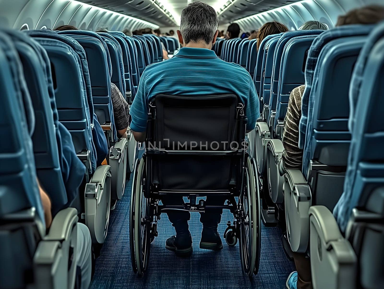 A man in a wheelchair positioned in the aisle of an airplane cabin. The scene highlights accessibility and inclusivity in modern air travel, emphasizing comfort and support for passengers with disabilities.