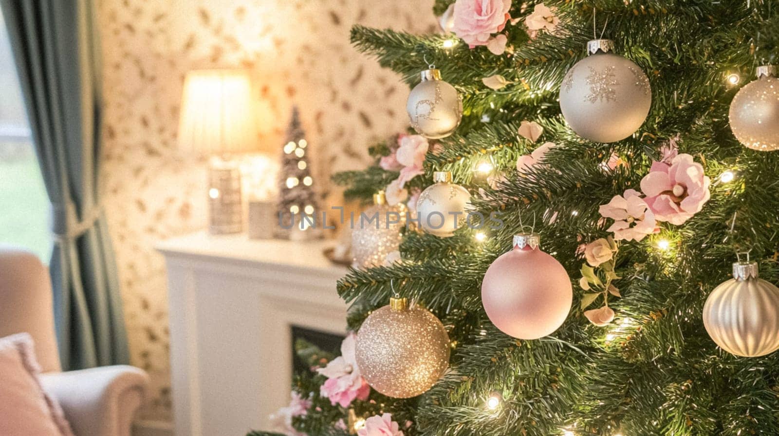 Christmas, holiday decor and country cottage style, cosy atmosphere, decorated Christmas tree in the English countryside house living room with fireplace, interior decoration idea