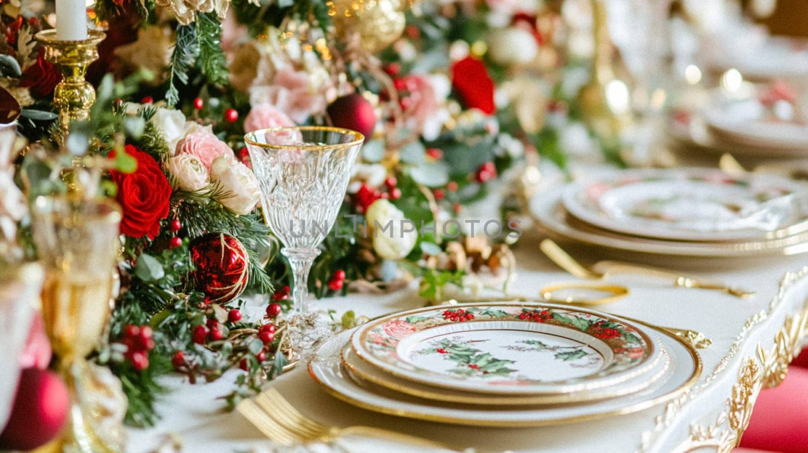 Christmas tablescape decoration, formal family dinner holiday celebration, luxury table setting decor, English country and home style idea