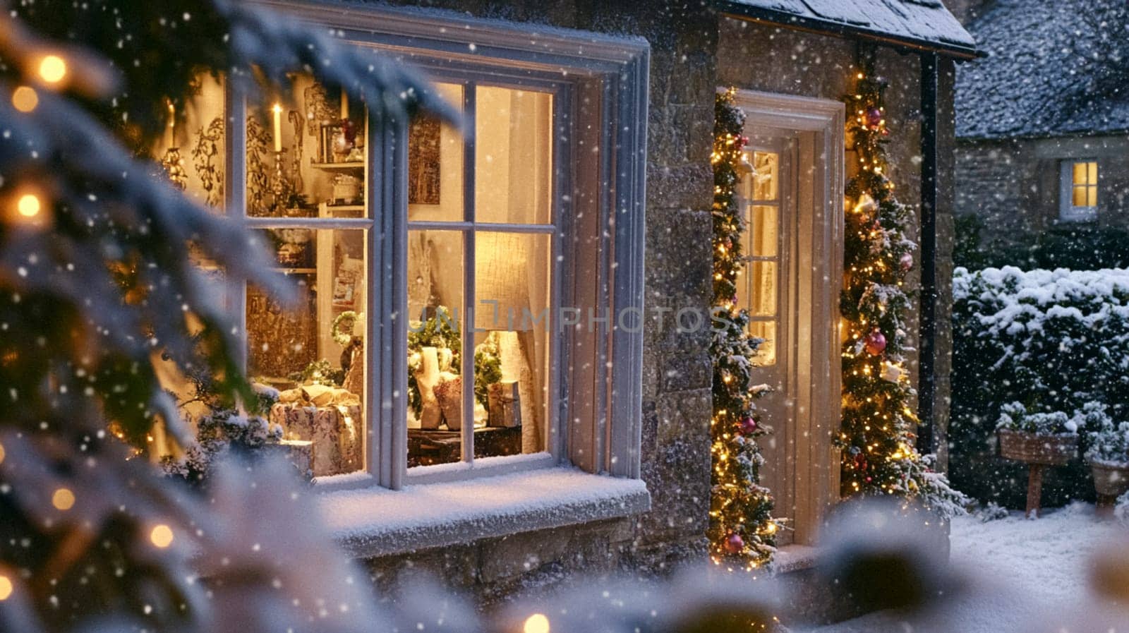 Christmas in the countryside, cottage decorated for holidays on a snowy winter evening with snow and holiday lights, English country styling inspiration