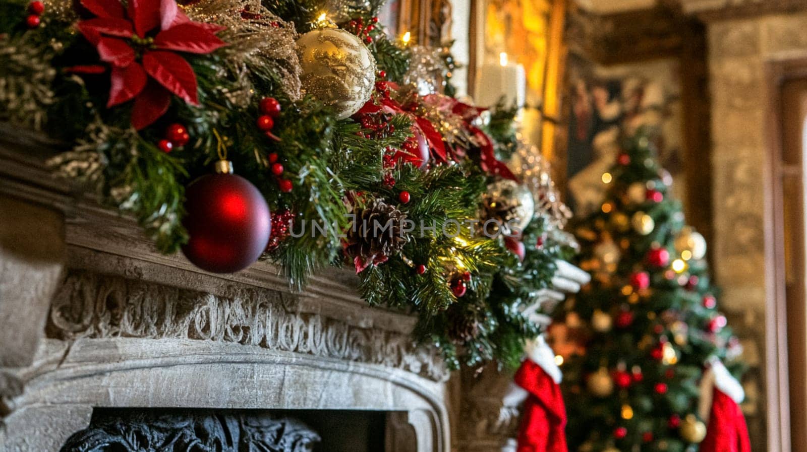 Christmas, holiday decor and country cottage style, cosy atmosphere, decorated Christmas tree in the English countryside house living room with fireplace, interior decoration idea
