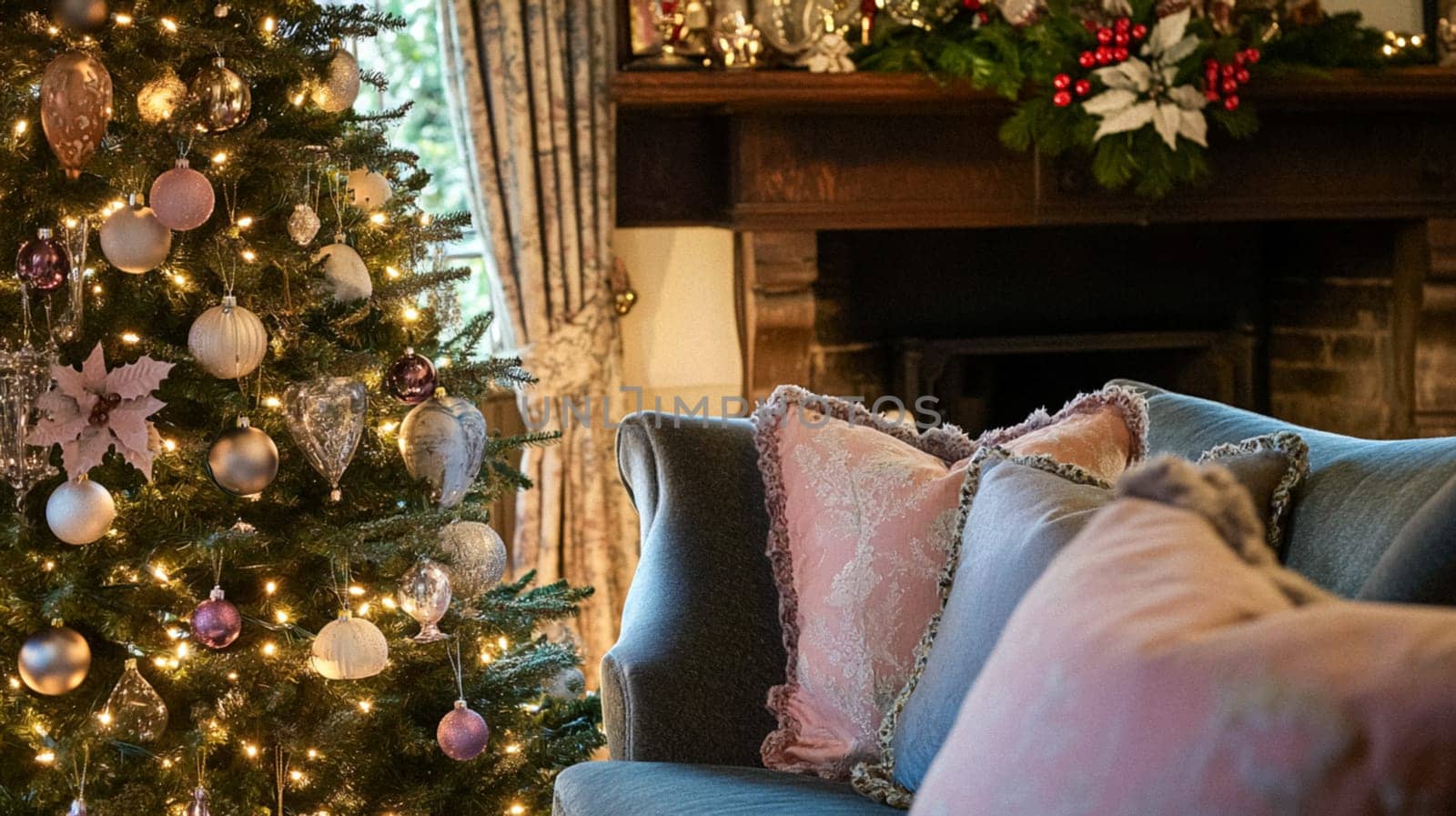 Christmas, holiday decor and country cottage style, cosy atmosphere, decorated Christmas tree in the English countryside house living room with fireplace, interior decoration idea