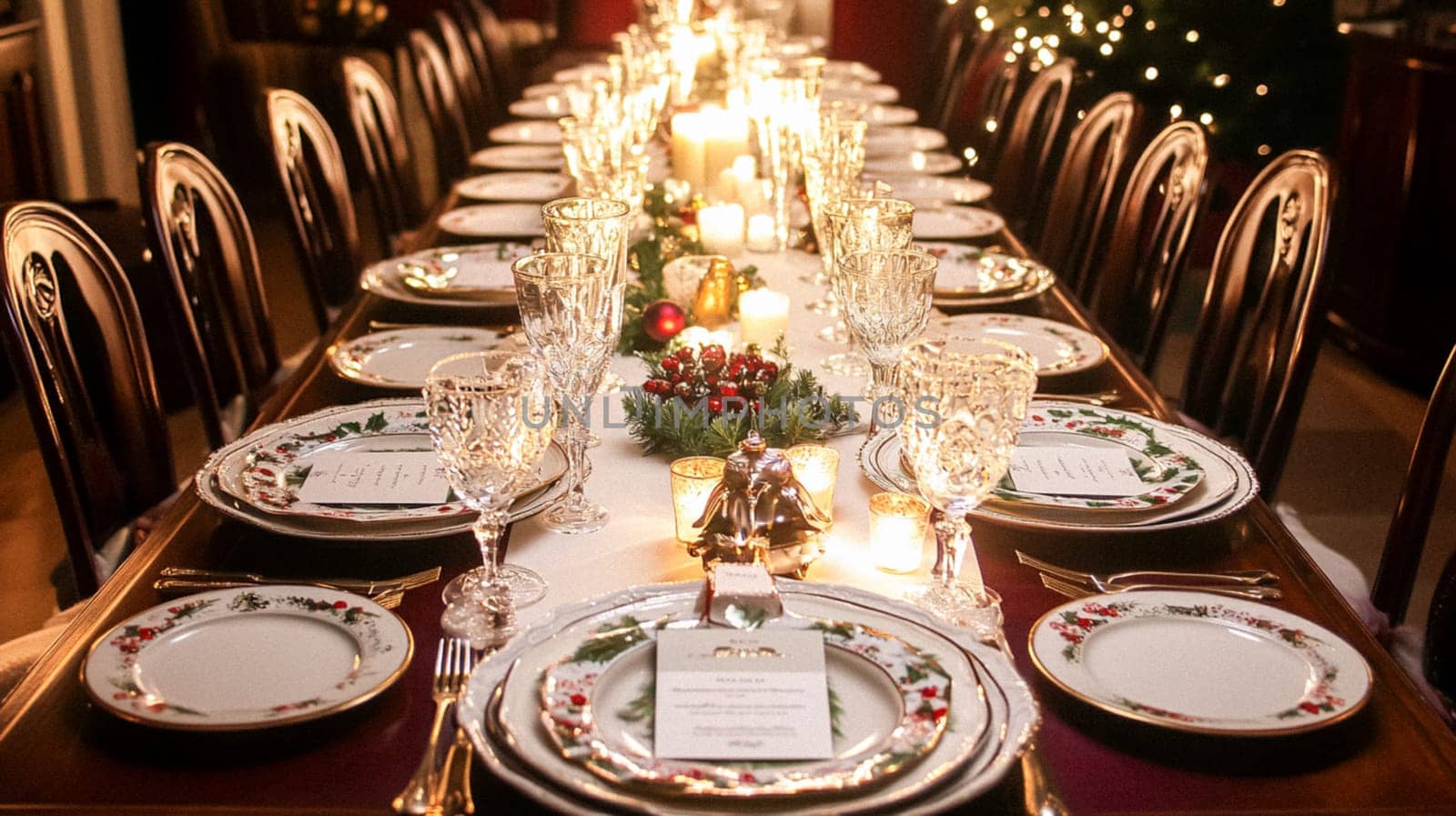 Christmas tablescape decoration, formal family dinner holiday celebration, luxury table setting decor, English country and home style idea