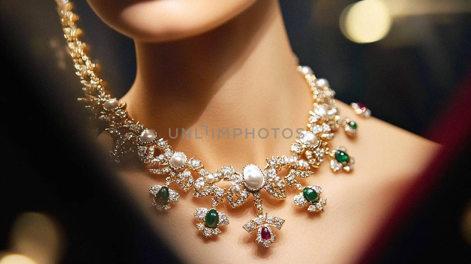 Woman adorned with an emerald necklace and matching earrings poses gracefully, exuding luxury and timeless elegance idea