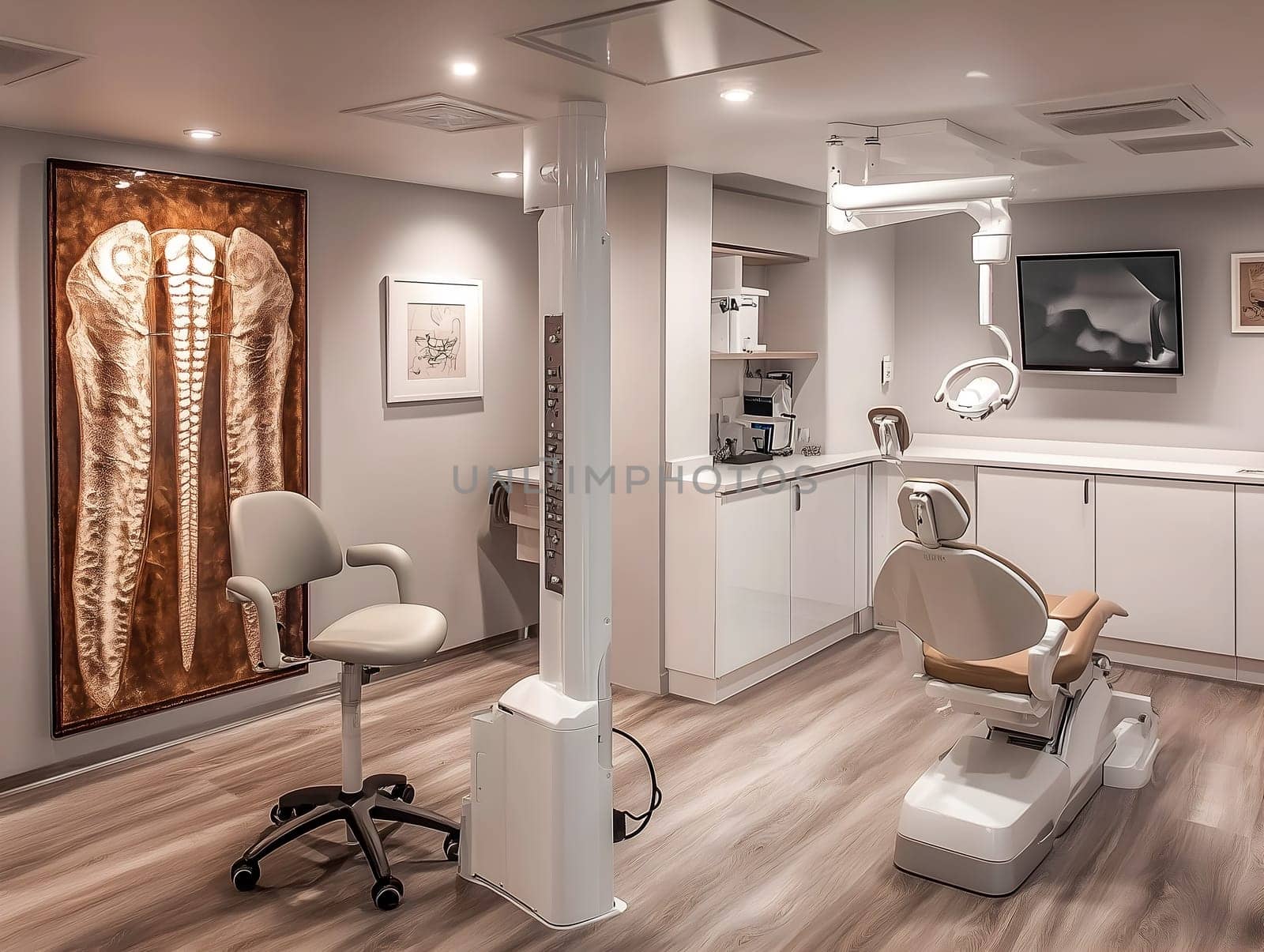 A stylish and fully equipped dental office featuring a modern chair, tools, and artistic decor. The clean, professional environment emphasizes comfort, precision, and advanced oral healthcare.