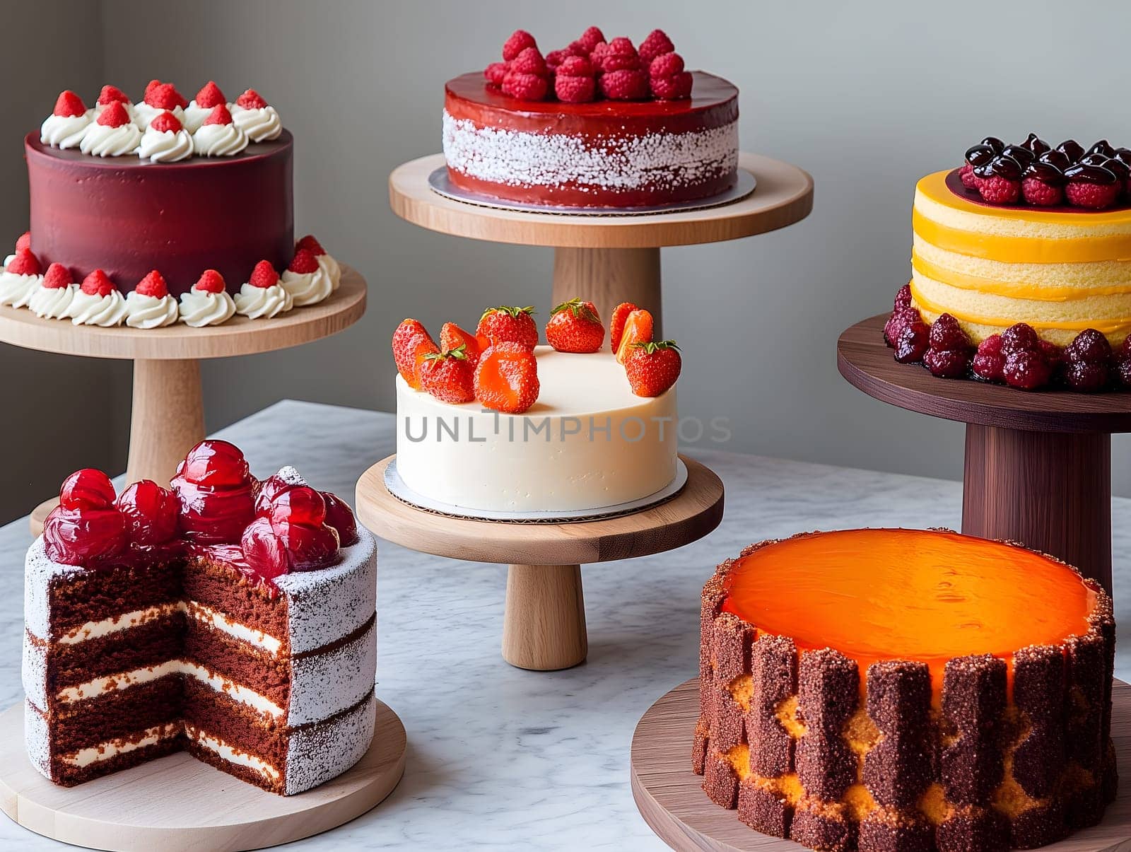 A vibrant selection of gourmet cakes, featuring various flavors and decorations, displayed on elegant wooden stands. The desserts include berries, cream, and rich textures, perfect for celebrations.