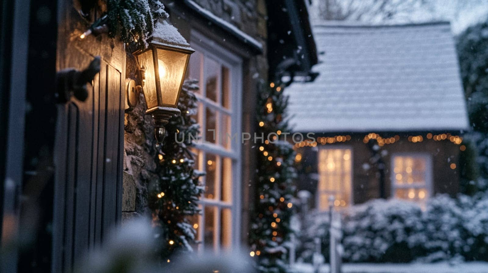 Christmas in the countryside, cottage decorated for holidays on a snowy winter evening with snow and holiday lights, English country styling inspiration