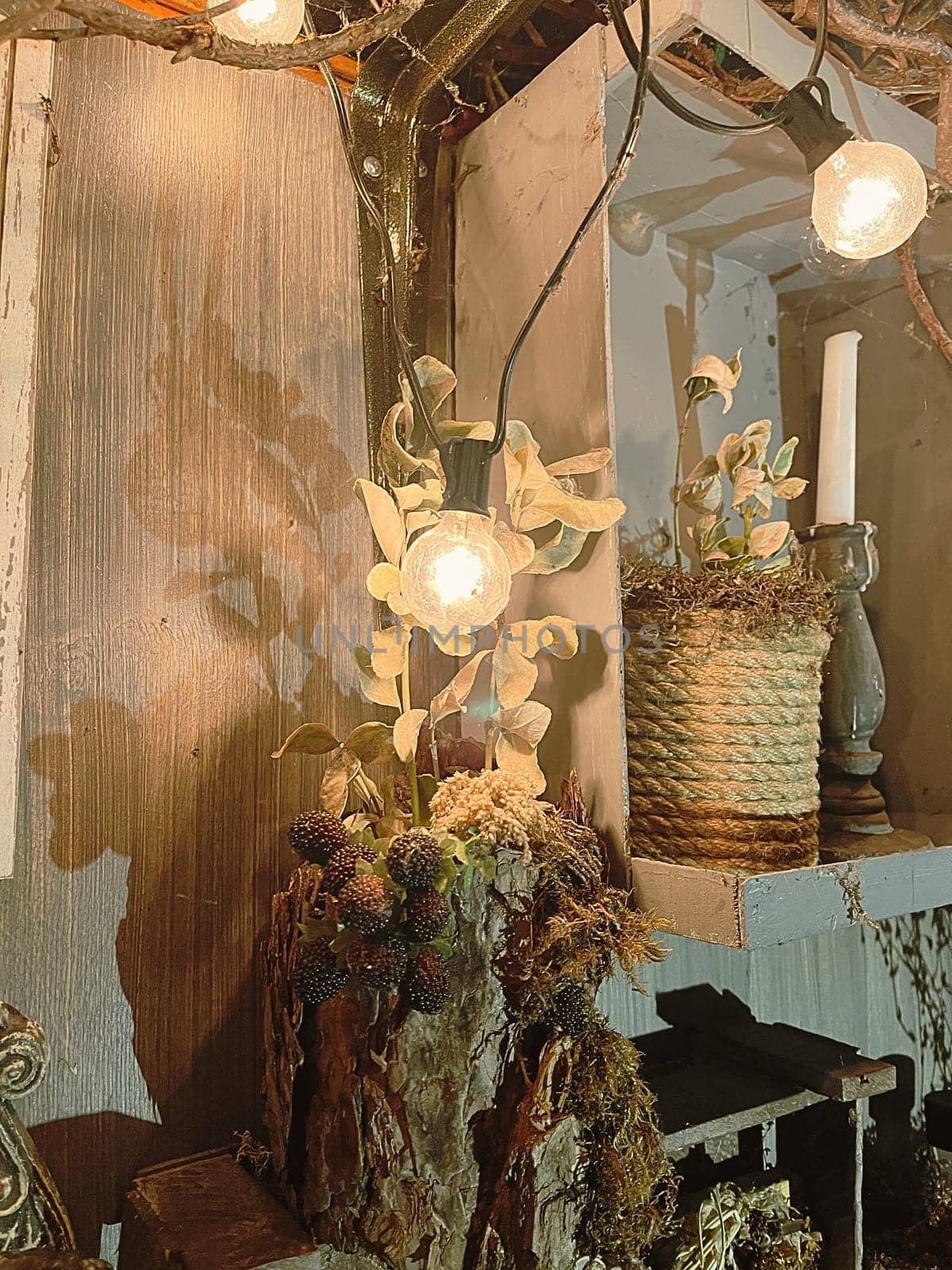 Aesthetic warm vintage photo with Christmas decorations decorations