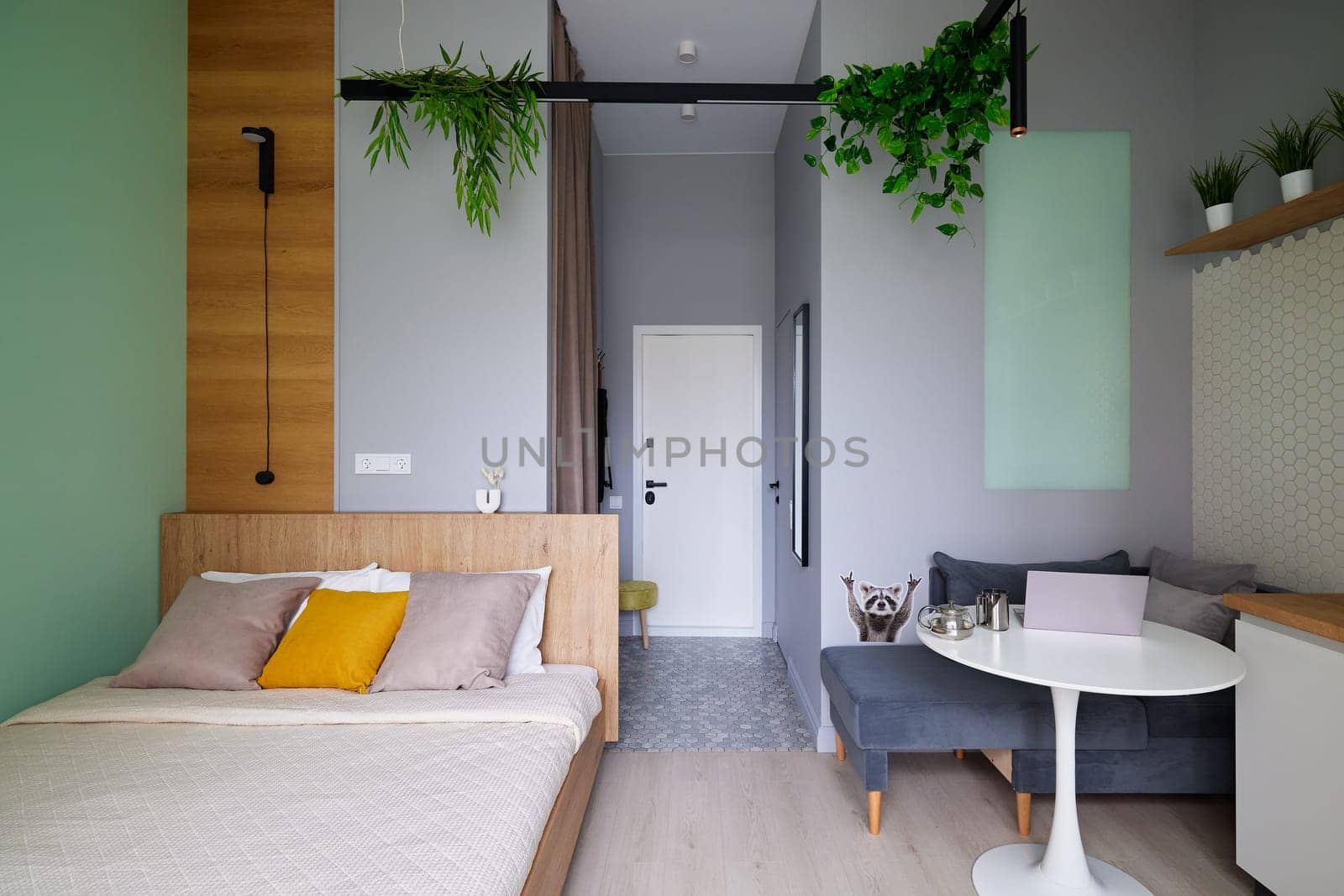 A contemporary bedroom designed with natural materials, vibrant accents, and a soothing, relaxing atmosphere