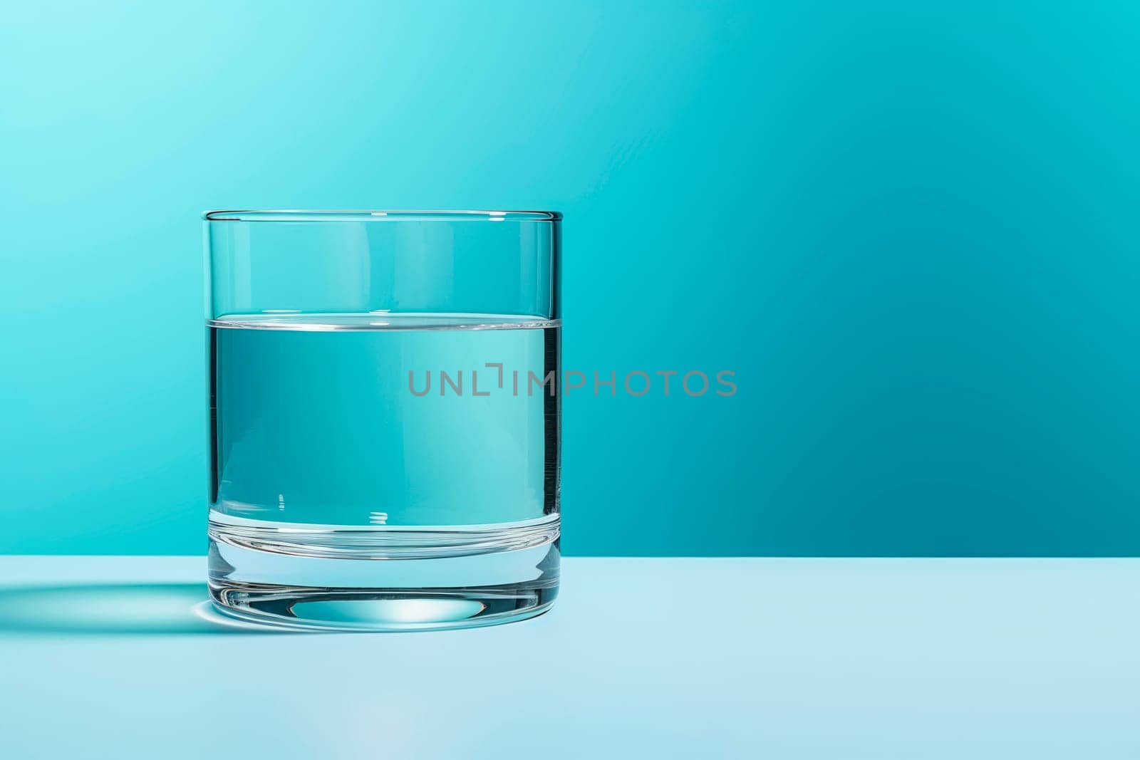 A glass of clean drinking water on a light blue background.