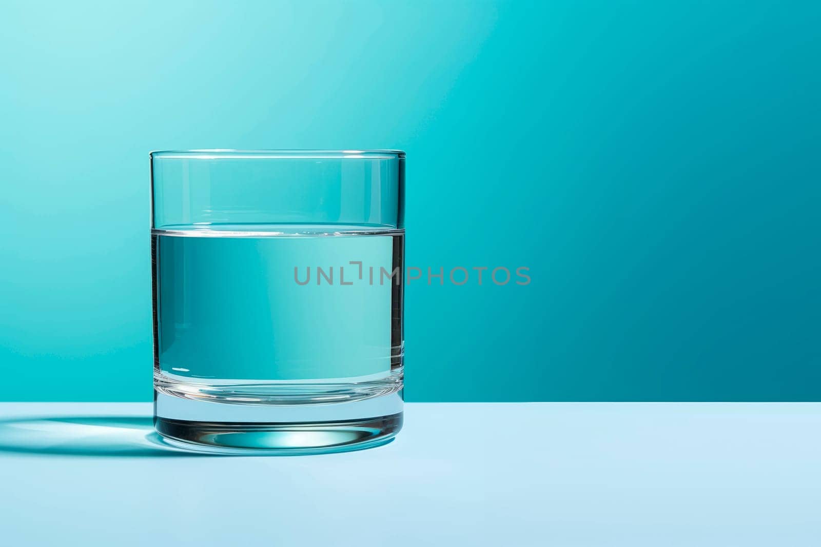 A glass of clean drinking water on a light blue background.