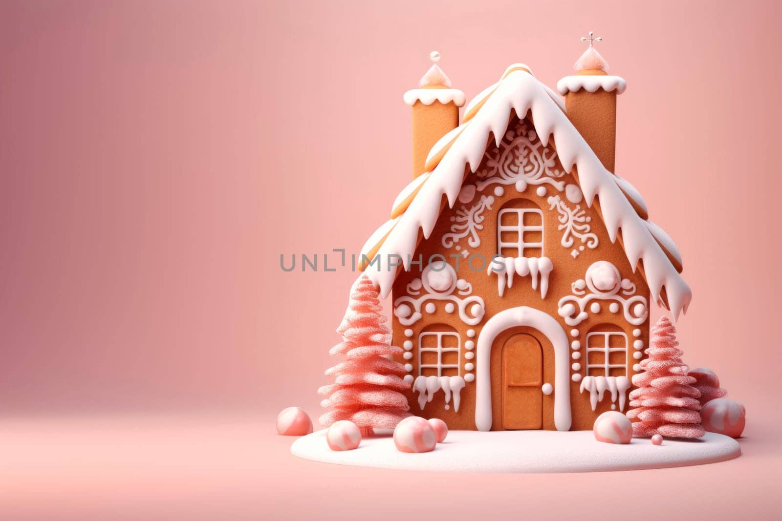 A beautiful gingerbread house on a delicate light background. Mockup. Copy space.