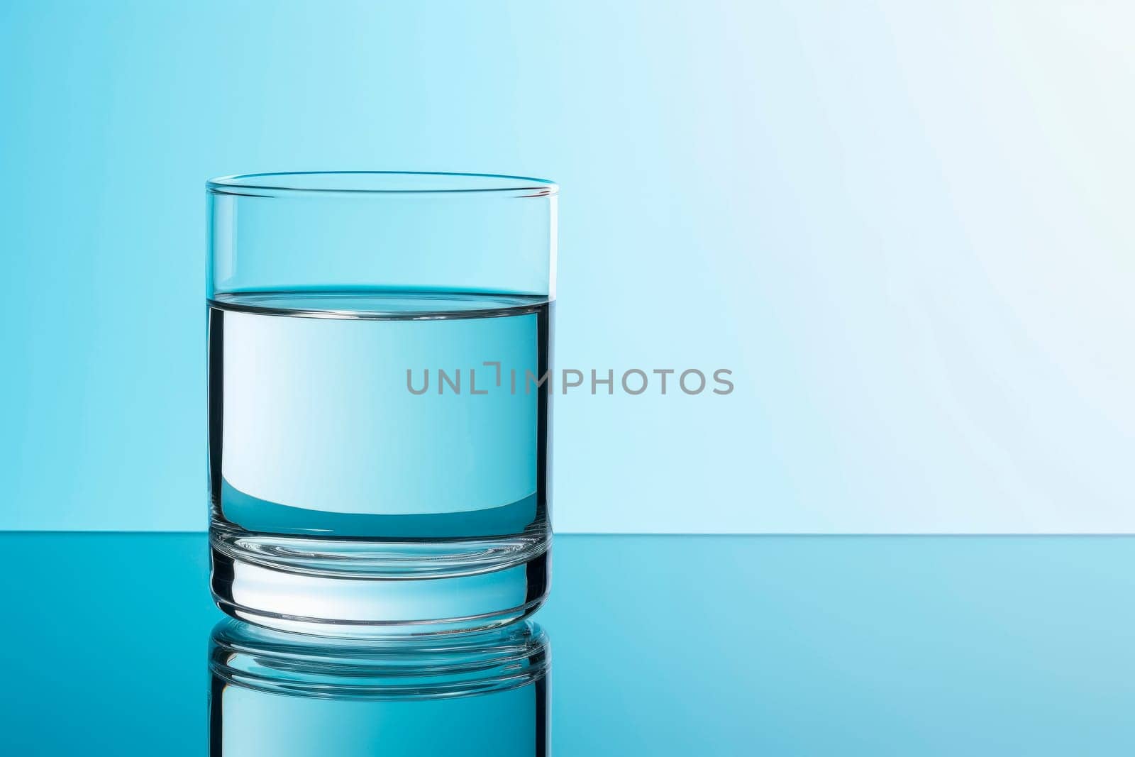 A glass of clean drinking water on a light blue background.