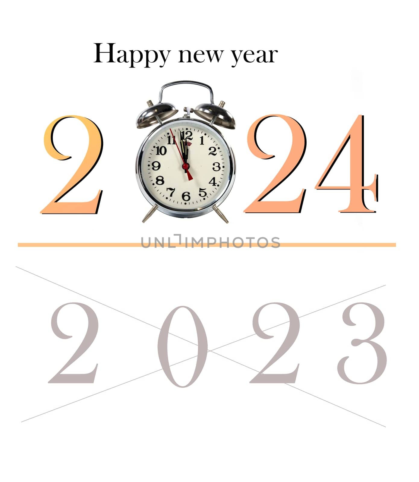 happy 2024 with a glock at two to twelve on a white background