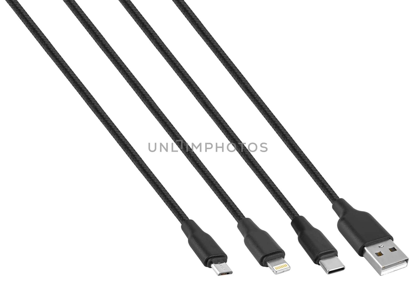 cable with USB connector, Type-C, Lightning, on white background in insulation by A_A