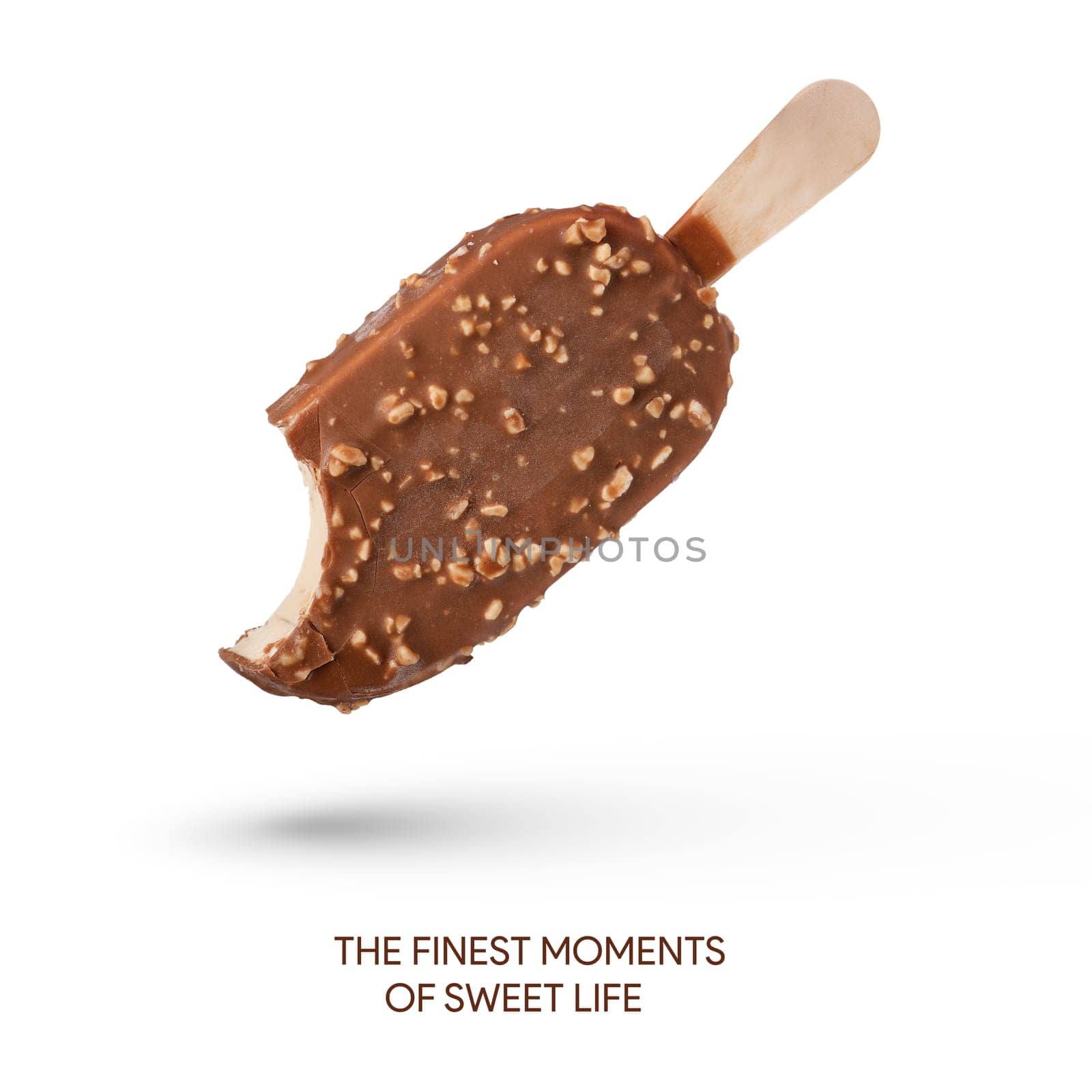 Bited ice cream on a white isolated background. Ice cream with shadow and THE FINEST MOMENTS OF SWEET LIFE lettering hanging or falling on white. High quality photo