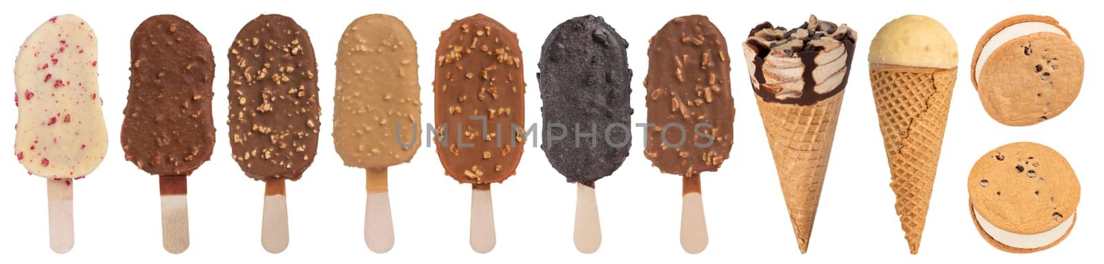 Chocolate ice creams with icing of different colors. A big set of ice cream of different types, flavors on a white isolated background. by SERSOL