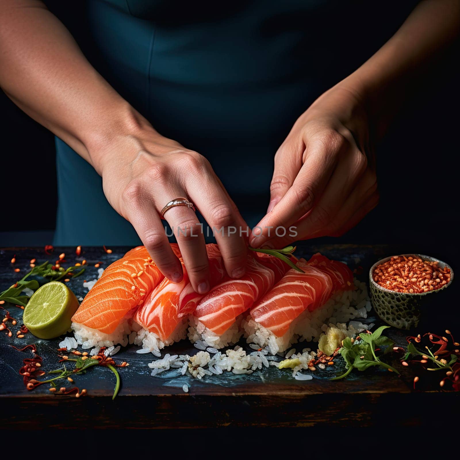 Close up of woman hands preparing japanese sushi.