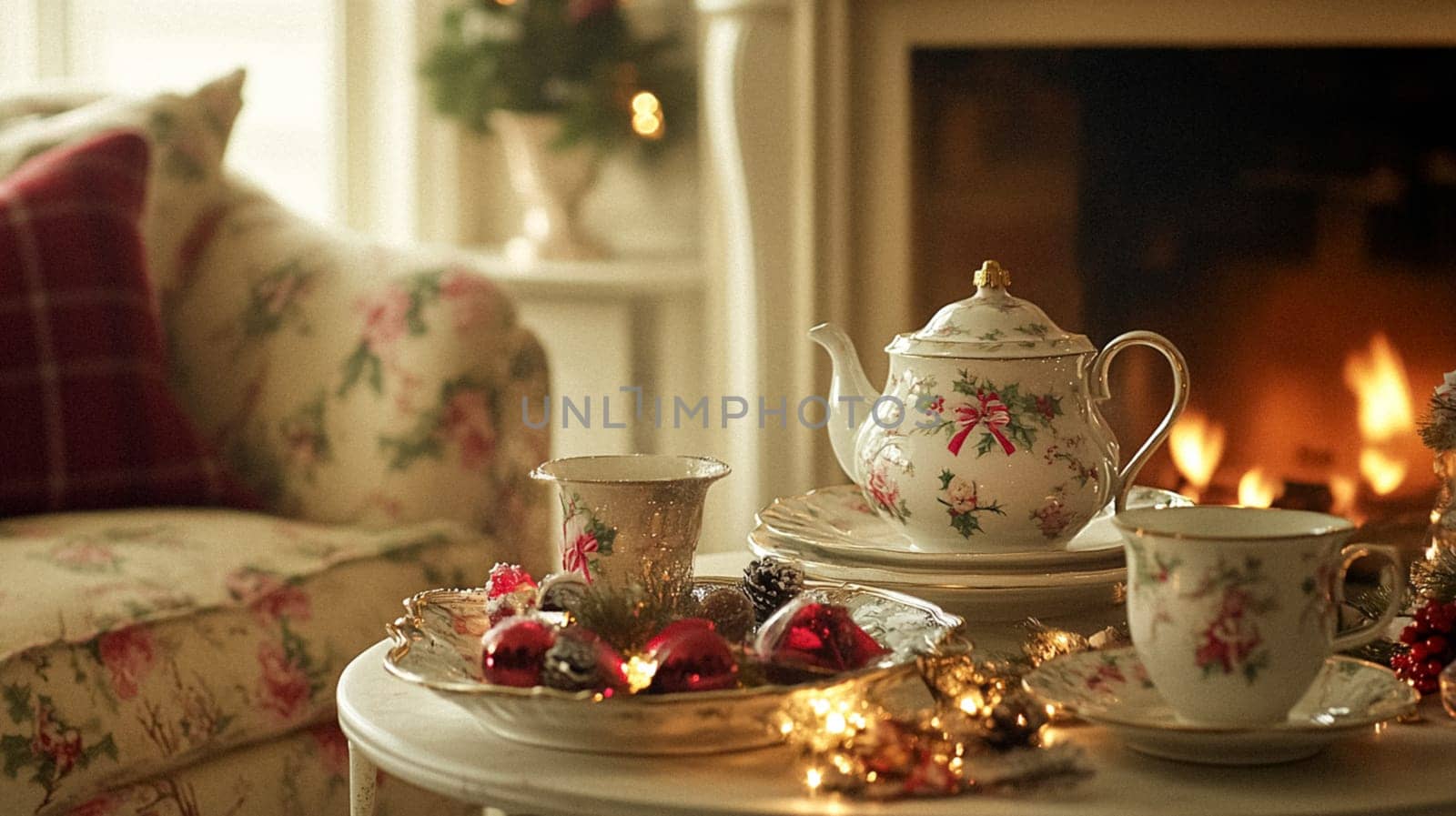 Christmas, holiday decor and country cottage style, cosy atmosphere, decorated Christmas tree in the English countryside house living room with fireplace, interior decoration idea