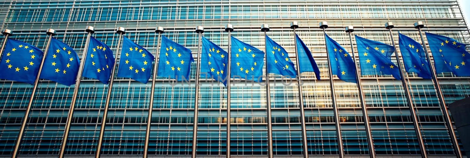 A row of Europe Union flags waving in a light wind, Berlaymont building facade. Brussels, Belgium