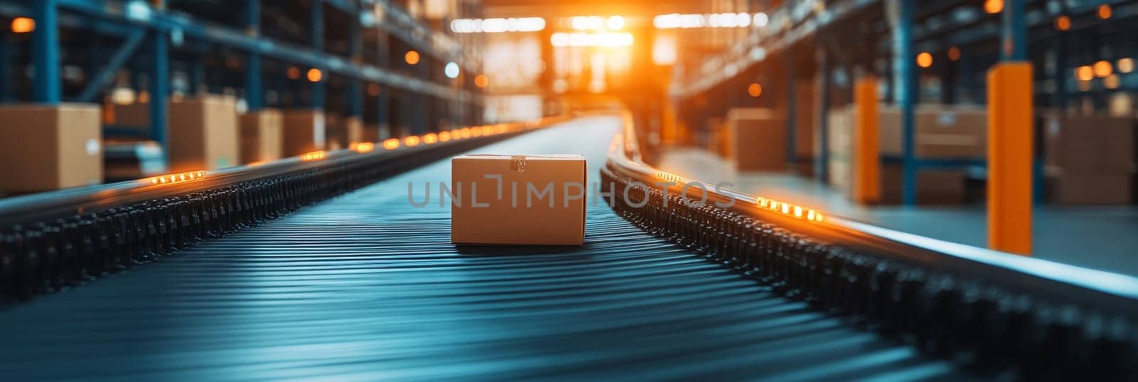 Cardboard Box on a Conveyor Belt in Distribution Warehouse Logistics, Supply Chain Concept