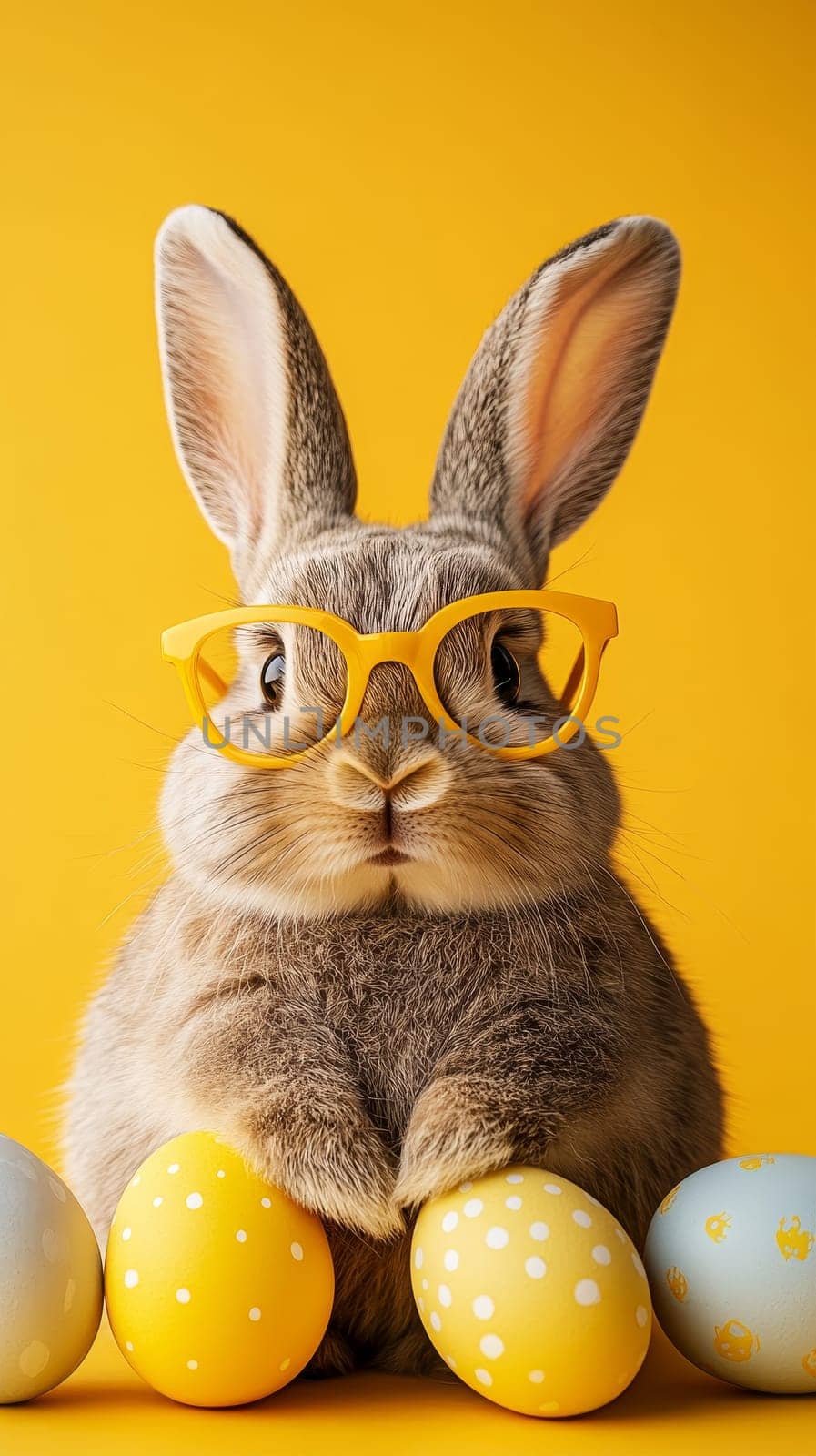Adorable Easter Bunny Wearing Yellow Glasses And Pastel Easter Eggs, Easter Holiday Greetings
