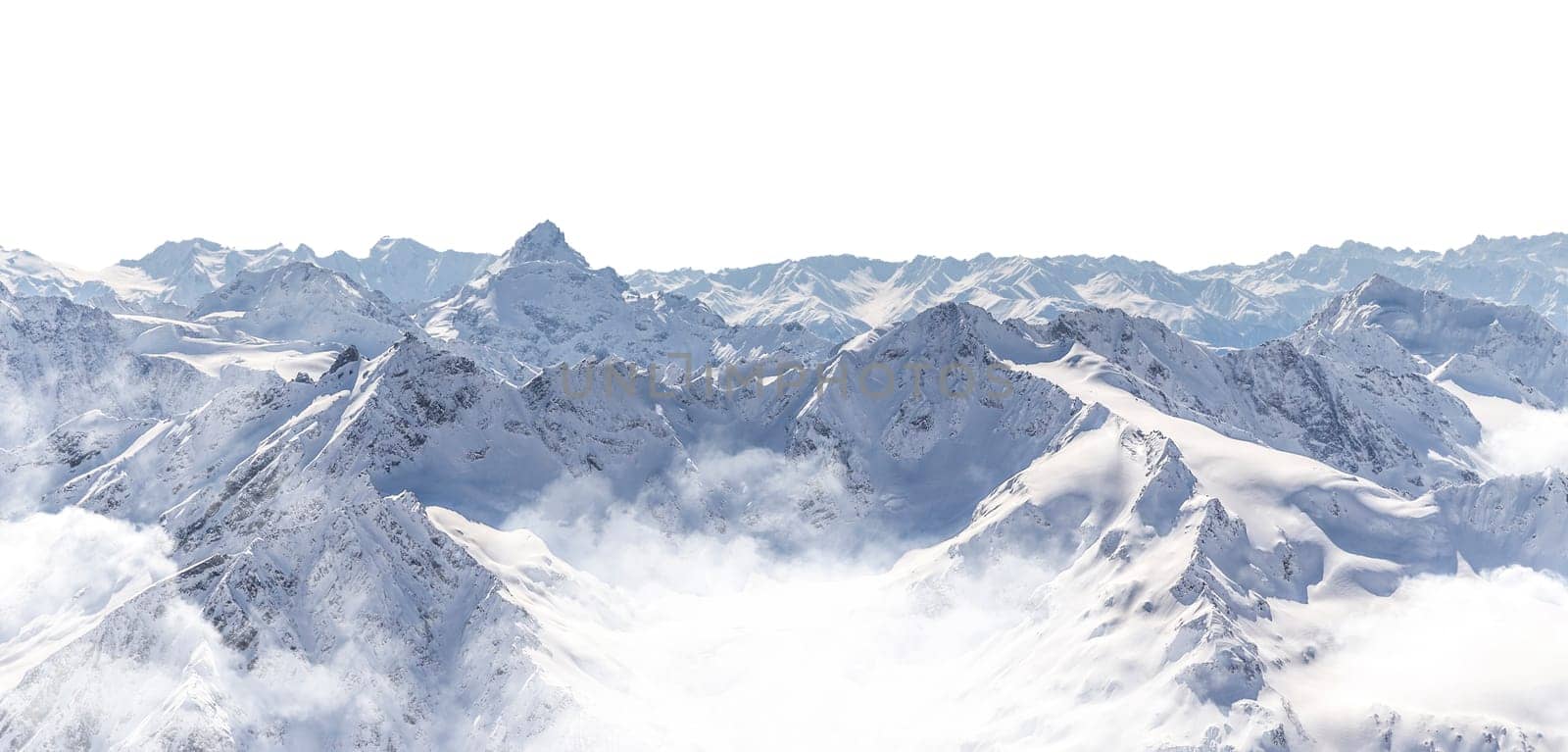 Panorama of winter mountains covered in snow isolated on white background. Mountain peaks in winter