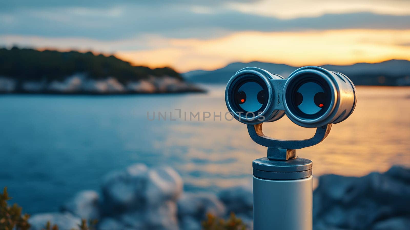 A binocular viewer overlooking a tranquil sea at sunset.
