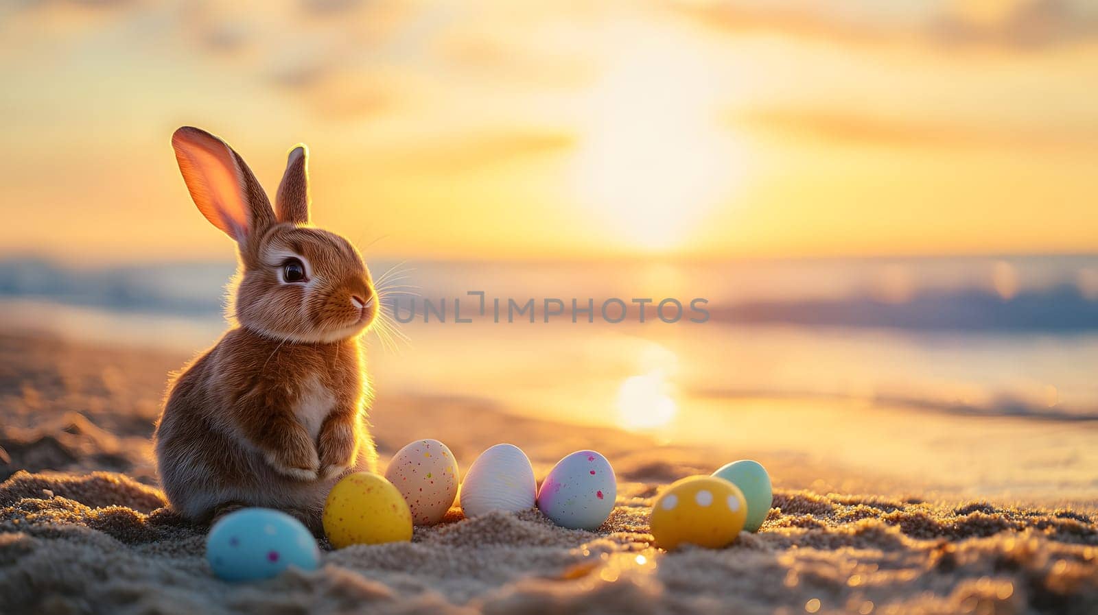 A bunny with colorful eggs at sunset on a beach.